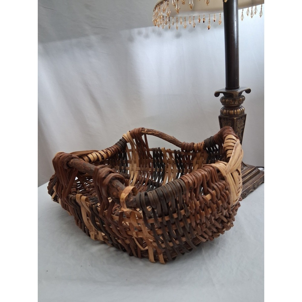 Rustic Hand Woven Gathering Basket Natural Branch Handles Multi Tonal Brown Tan